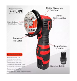 Foto 2 | Mini Esmeril Angular Inalámbrica Ironhoof 16.8v 75mm28000rpm Rojo