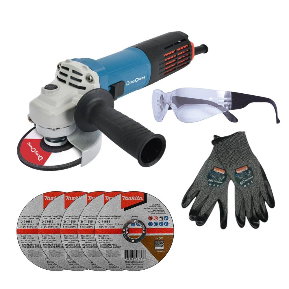 Miniesmeril DongCheng 4 1/2'' + 5 Discos Corte Makita + Accesorios