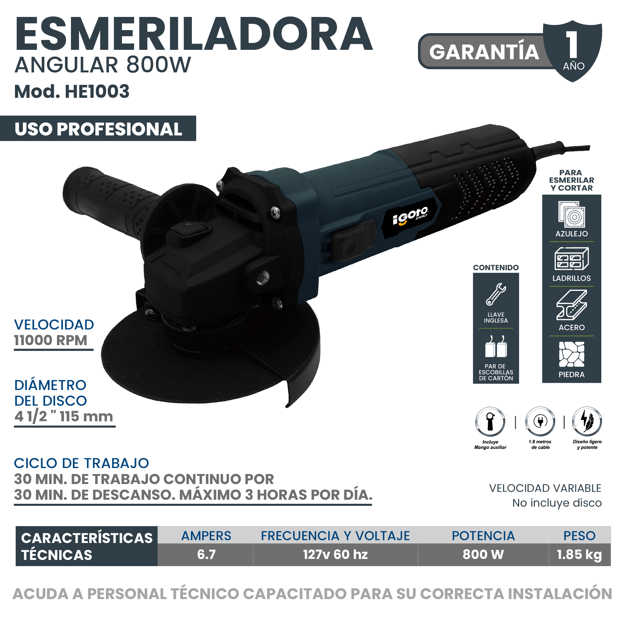 Foto 8 pulgar | Esmeriladora Angular 800 W  Velocidad Variable