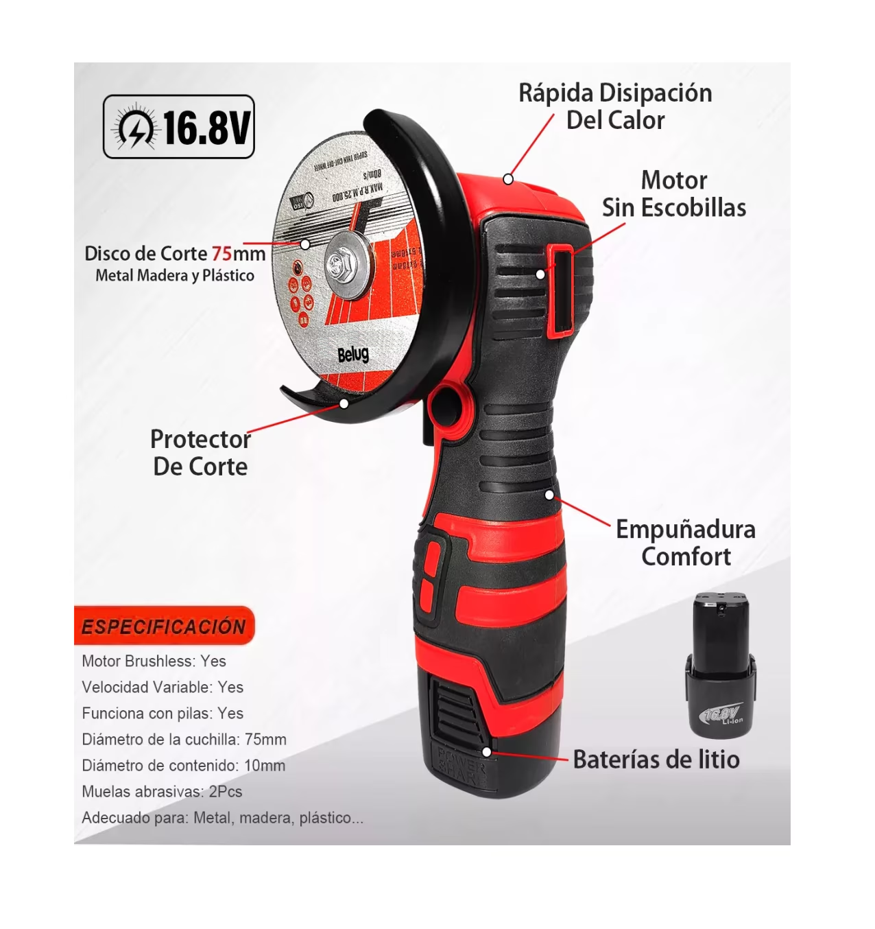 Foto 3 pulgar | Mini Esmeril Angular Inalámbrica Pulidora 16.8v 75mm28000rpm, Belug  Rojo/negro