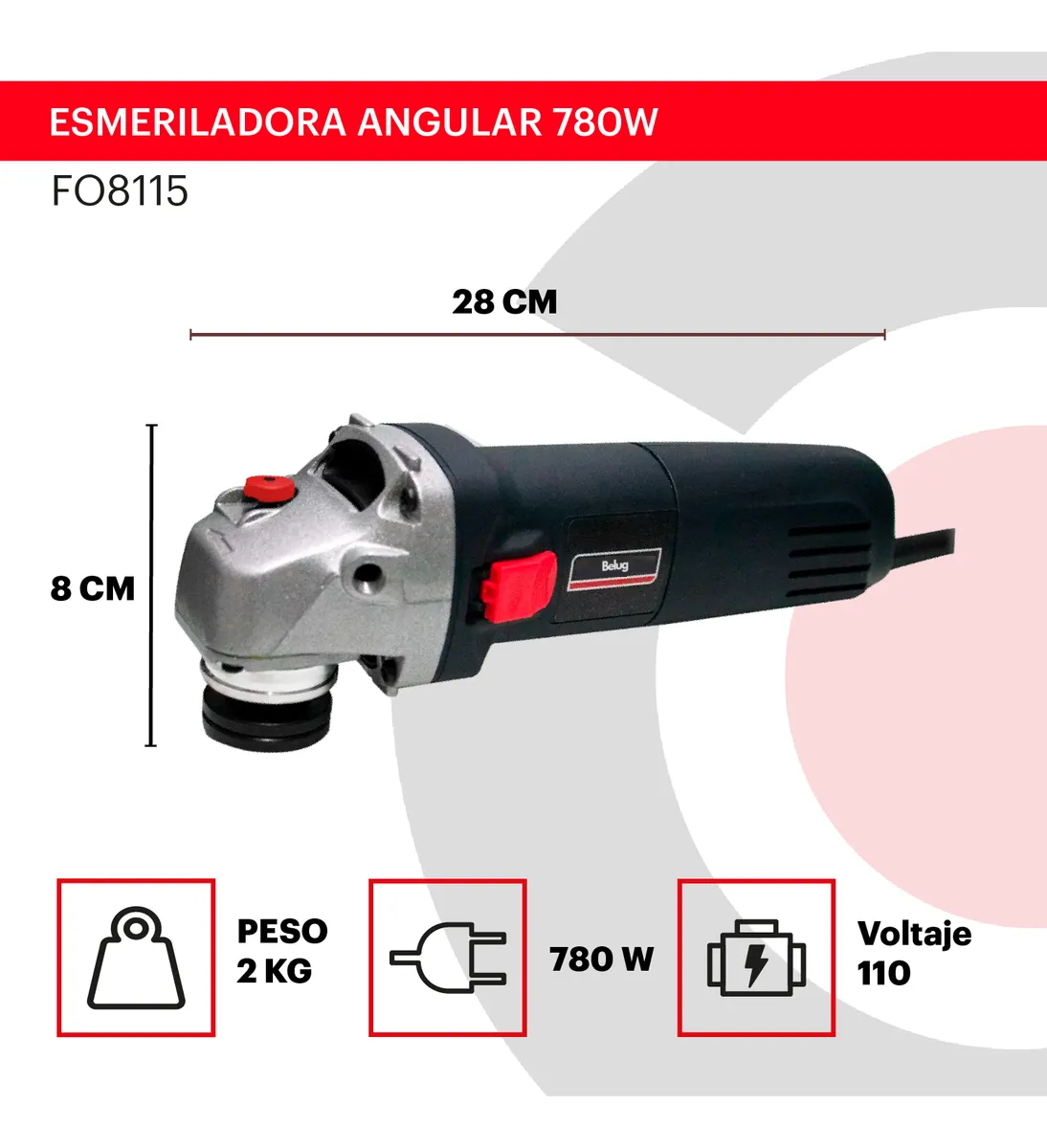 Foto 4 pulgar | Esmeriladora Angular Belug 780w 115mm 11000rpm Cable Eléctrico Negro