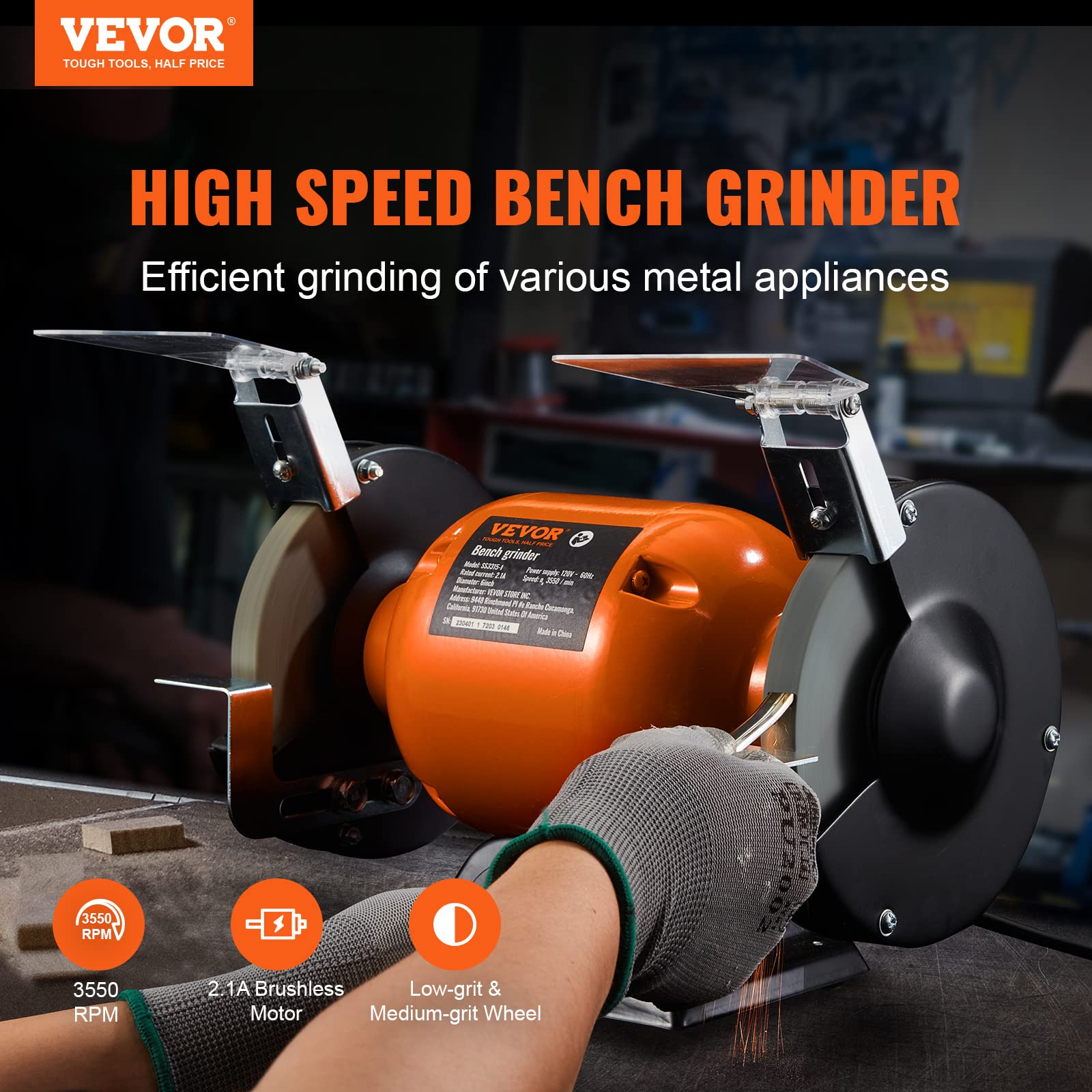 Foto 3 pulgar | Amoladora De Mesa Vevor, Motor De 6 Pulgadas, Velocidad Única, 3550 Rpm Y 2,1 A. - Venta Internacional.