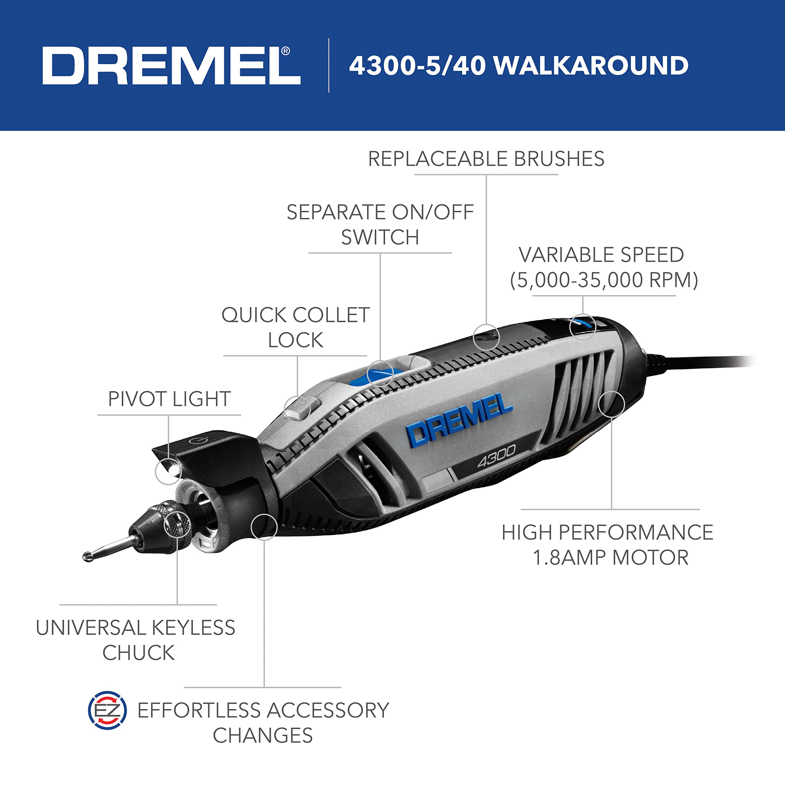 Foto 5 pulgar | Kit De Herramientas Rotativas Dremel 4300-5/40 De Alto Rendimiento Con Led - Venta Internacional.