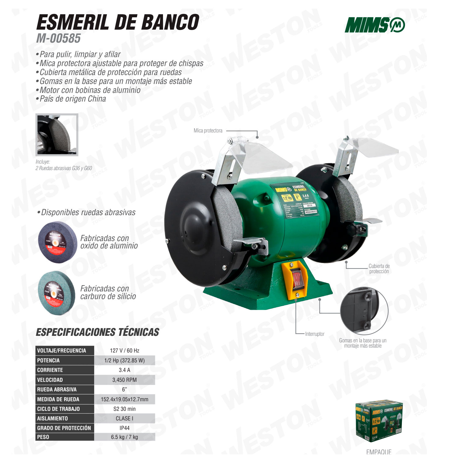 Foto 6 pulgar | Esmeril De Banco Alumnio 6 3.4 A 372.85 W 3450 Rpm Verde 60 Hz