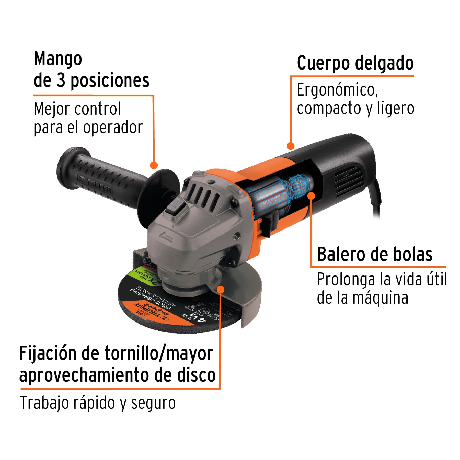 Foto 3 | Esmeriladora Angular Profesional de 4-1/2'' 700w Truper Esma-4-1/2a12 color Anaranjado