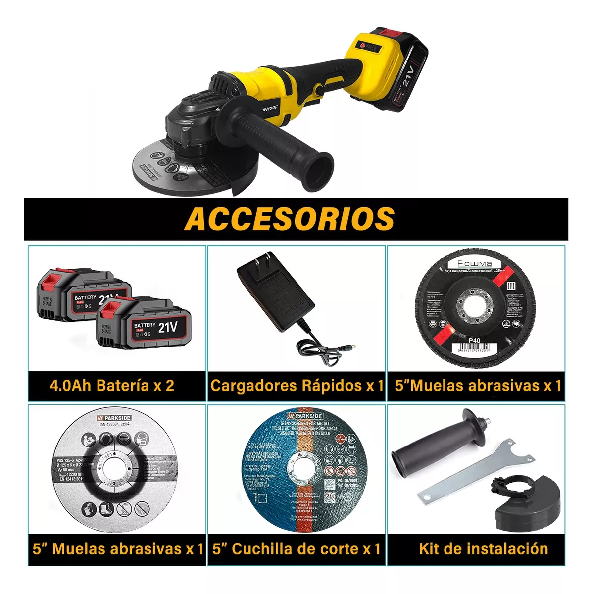 Foto 4 pulgar | Kit Esmeril Angular Inalámbrica Amoladora Sin Escobillas 9 Pzs Eo Safe Imports Esi-9235 Amarillo