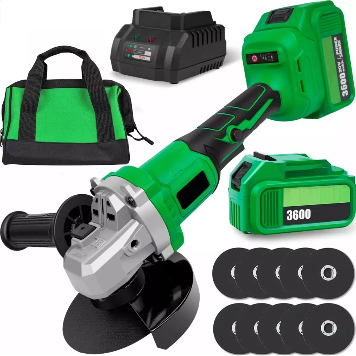 Esmeriladora Angular Inalámbrica 4-1/2 Sin Carbones 14 Pzs. Eo Safe Imports Esi-11467 Verde