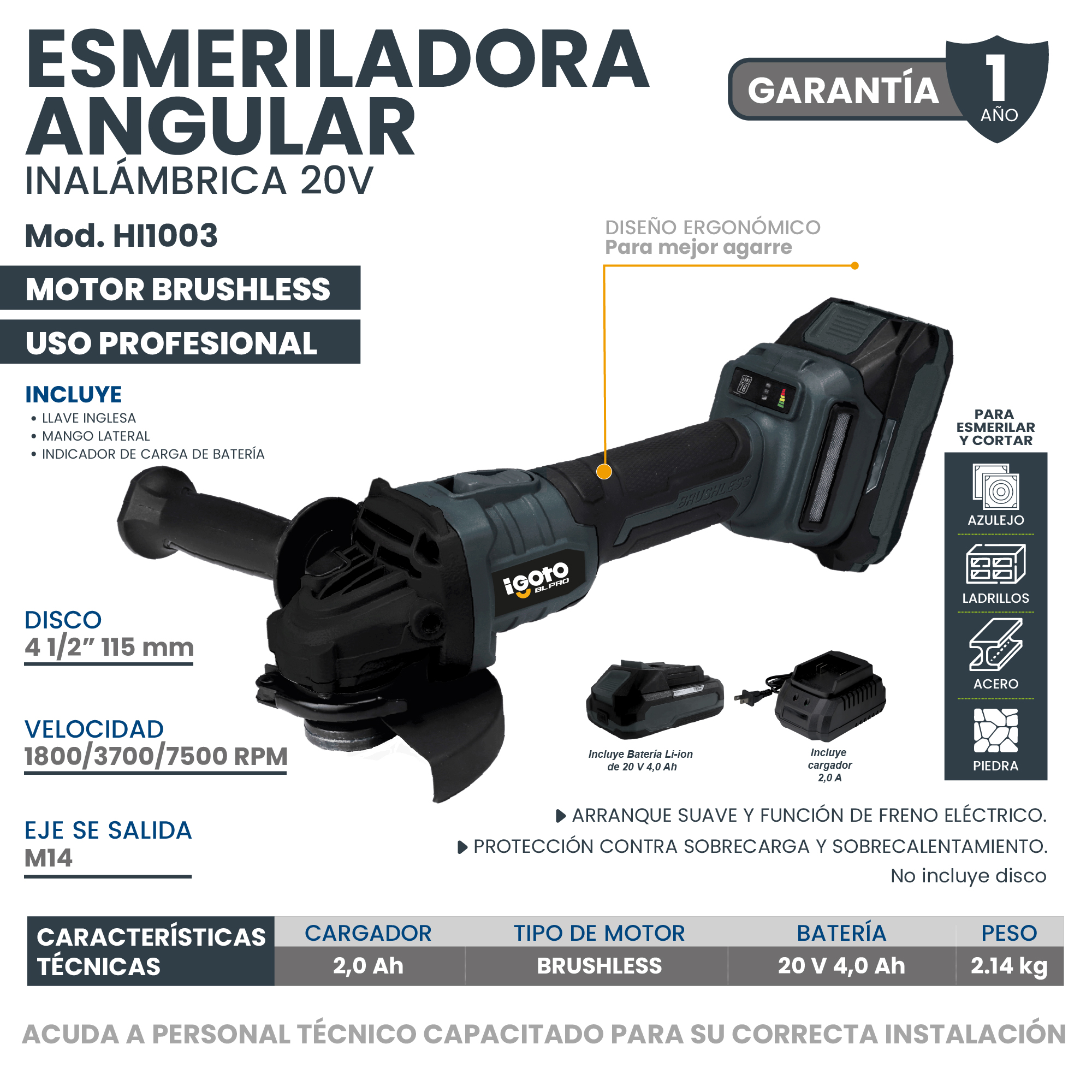 Foto 8 pulgar | Esmeriladora Angular Brushless 20 V Inalambrica