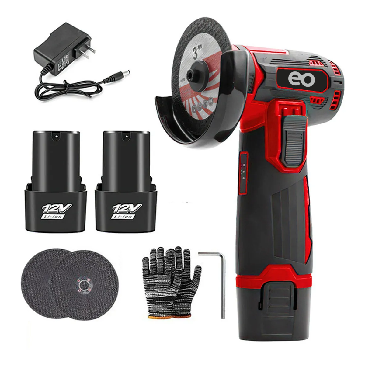 Mini Amoladora Angular Recargable 12 Voltios 75mm 2 Pilas Eo Safe Imports Esi-18698 Rojo