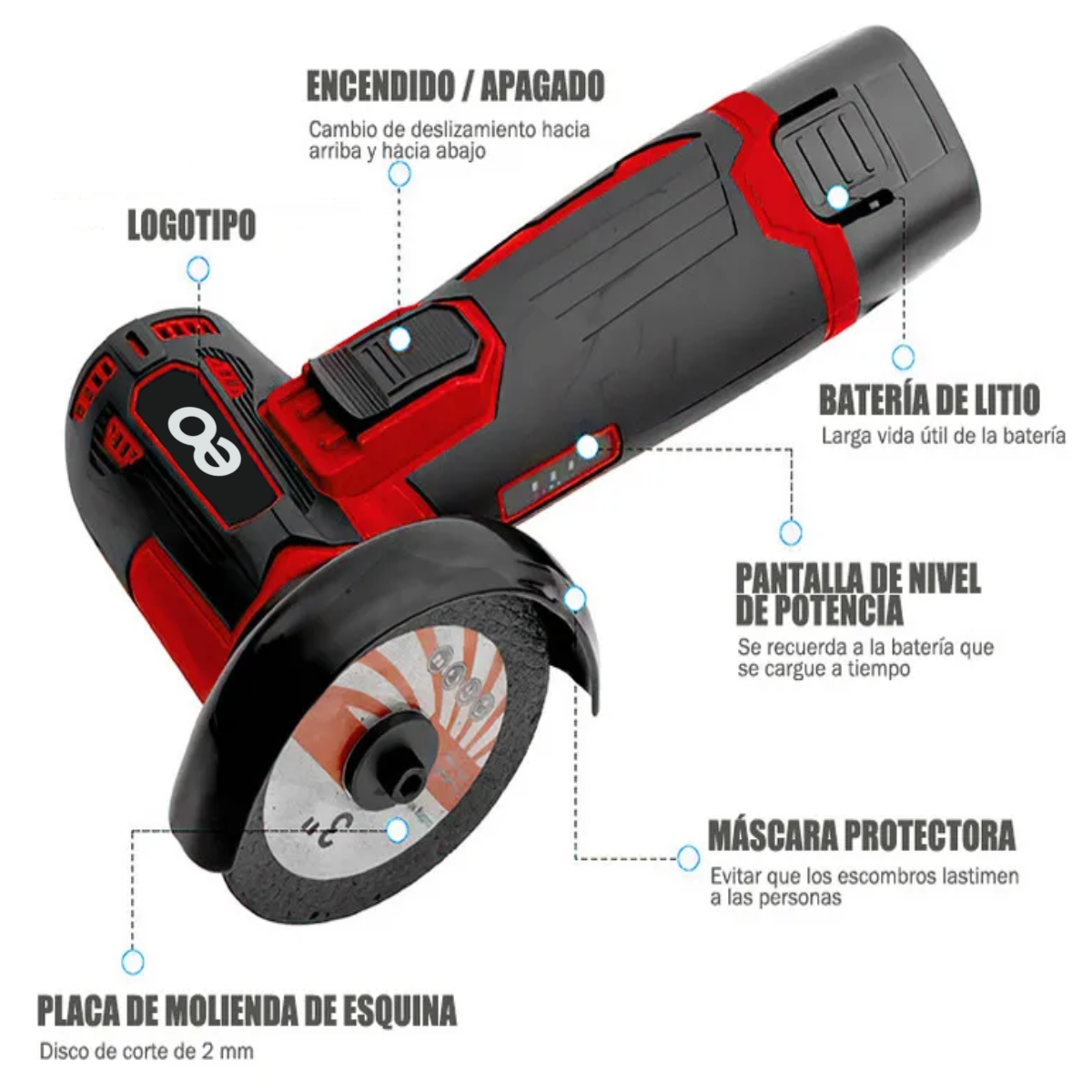Foto 3 pulgar | Mini Amoladora Angular Recargable 12 Voltios 75mm 2 Pilas Eo Safe Imports Esi-18698 Rojo