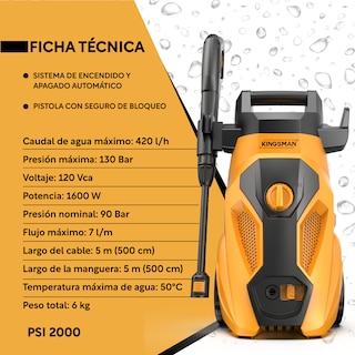 Foto 2 | Hidrolavadora Eléctrica Kingsman HIDROKING2000 color Amarillo 2000 Psi 1600w + Accesorios