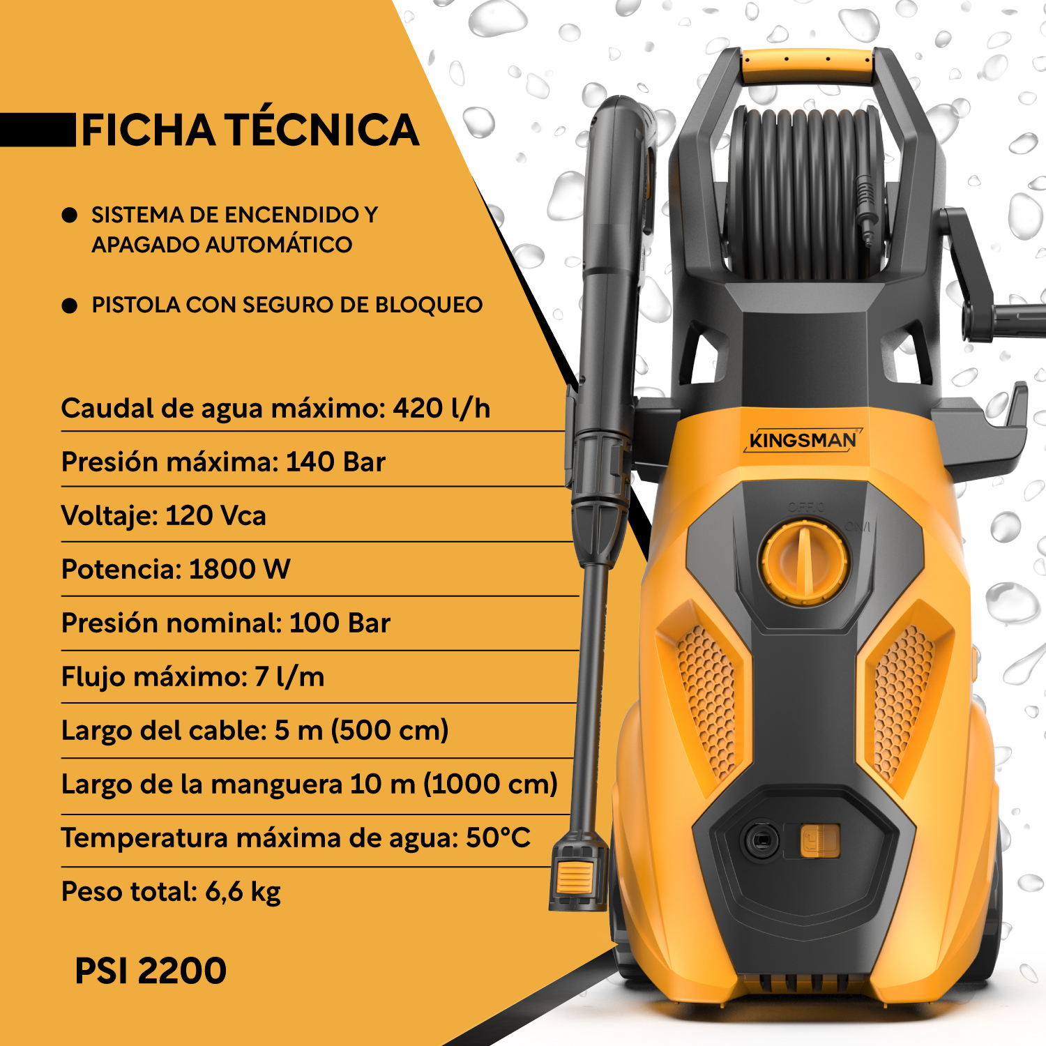 Foto 3 pulgar | Hidrolavadora Eléctrica Kingsman HIDROKING2200RC color Amarillo 2200 Psi 2000w + Accesorios