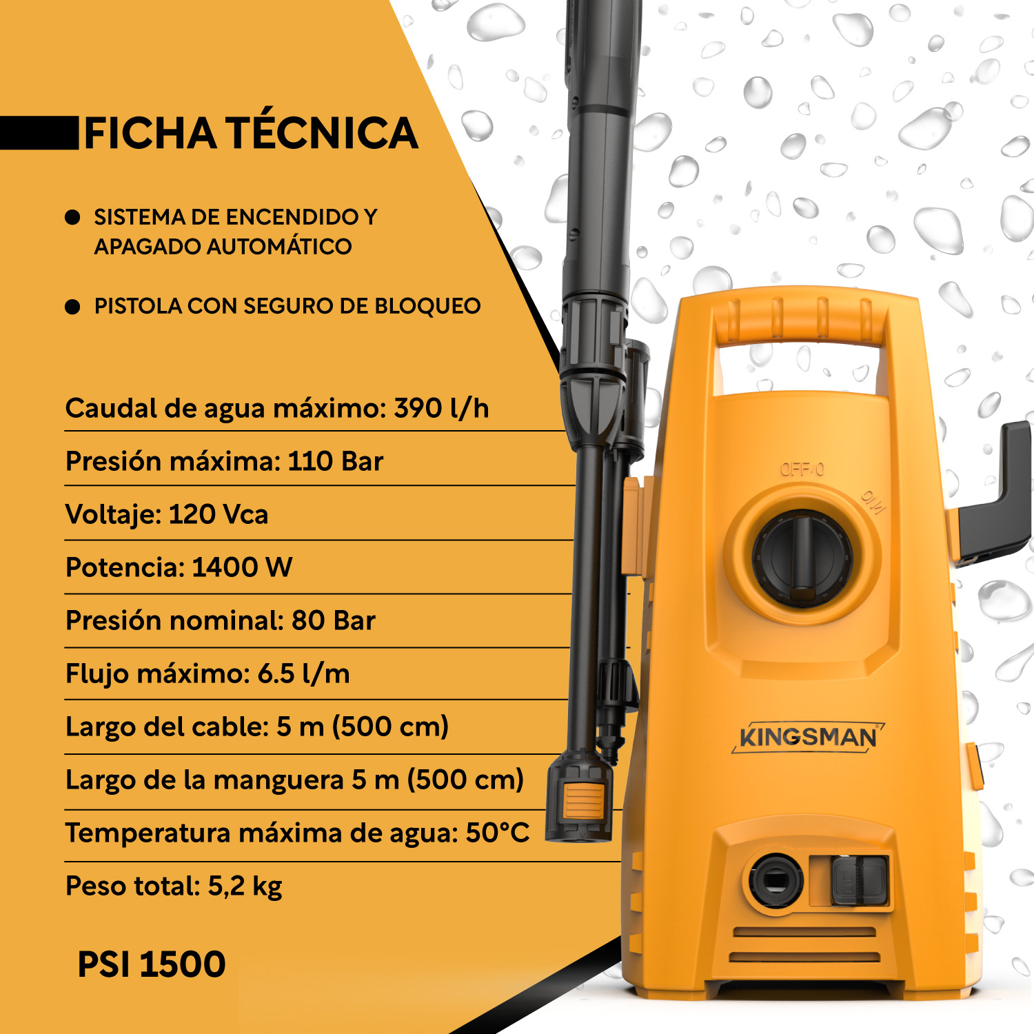 Foto 2 | Hidrolavadora Eléctrica Kingsman HIDROKING1500 color Amarillo 1500 Psi 1400w + Accesorios