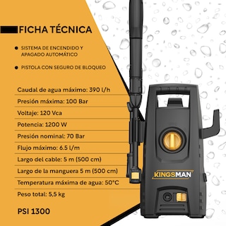 Foto 2 | Hidrolavadora Eléctrica Kingsman Negra Portátil 1300 PSI 1200 W + Accesorios