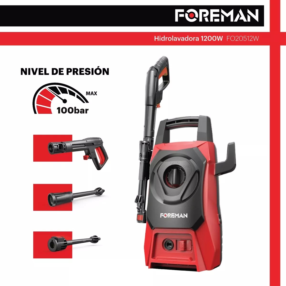 Foto 4 pulgar | Hidrolavadora Eléctrica Foreman Alta Presión 1200w 1300 PSI
