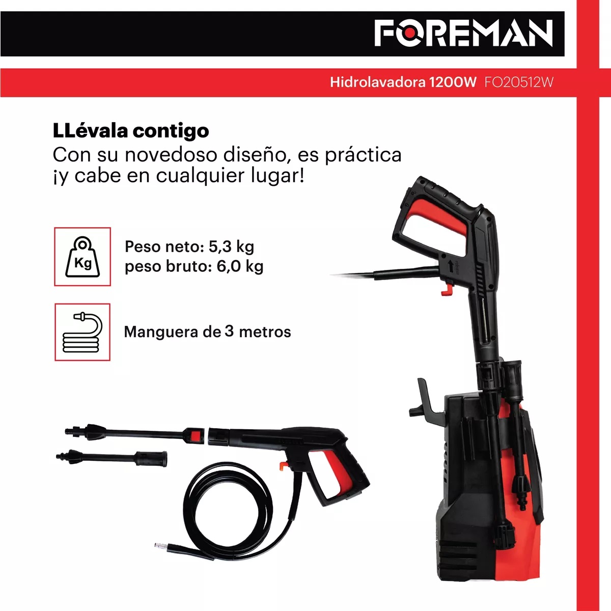 Foto 6 pulgar | Hidrolavadora Eléctrica Foreman Alta Presión 1200w 1300 PSI