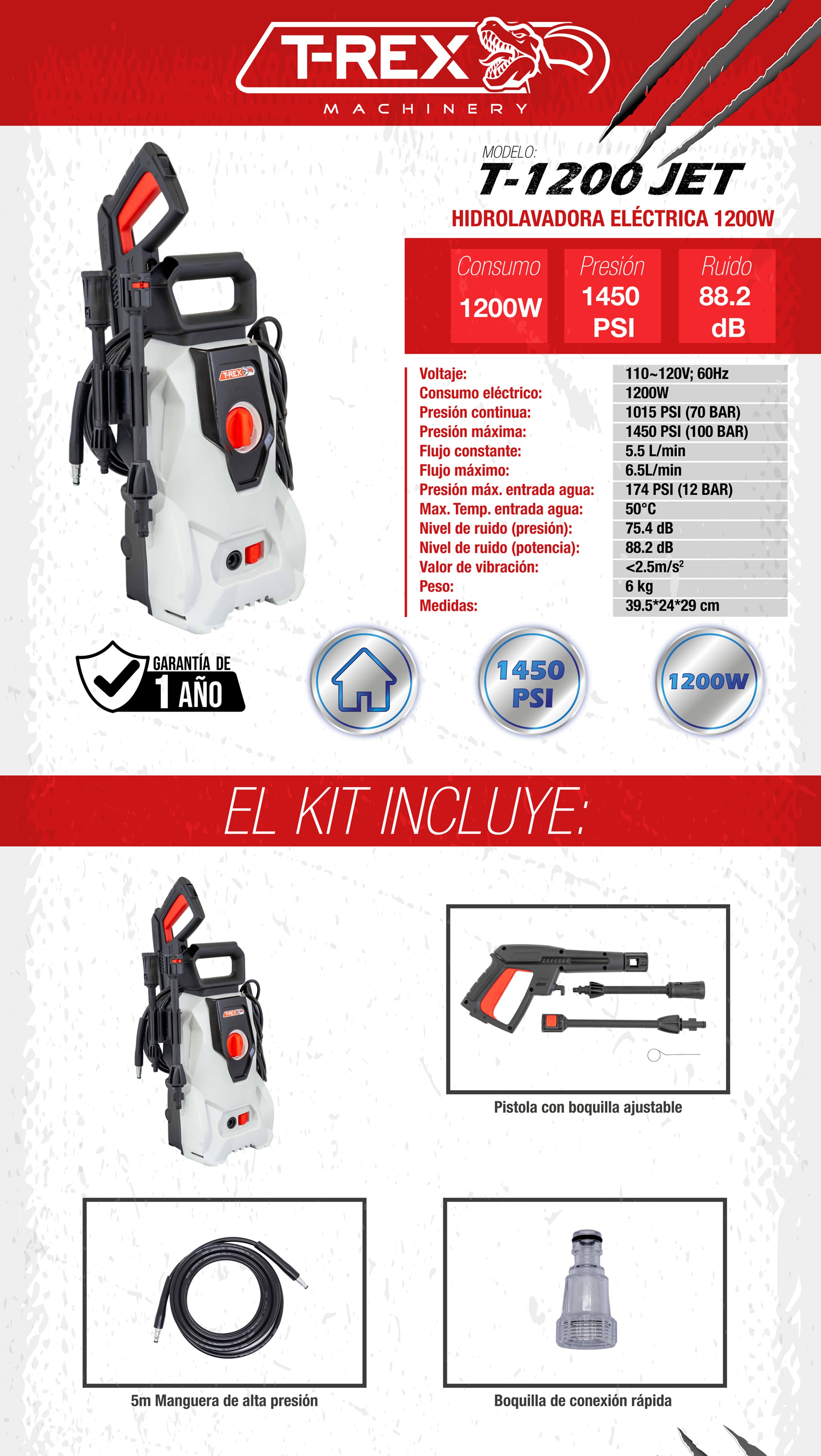 Foto 4 pulgar | Hidrolavadora Eléctrica T-Rex de 1200 w