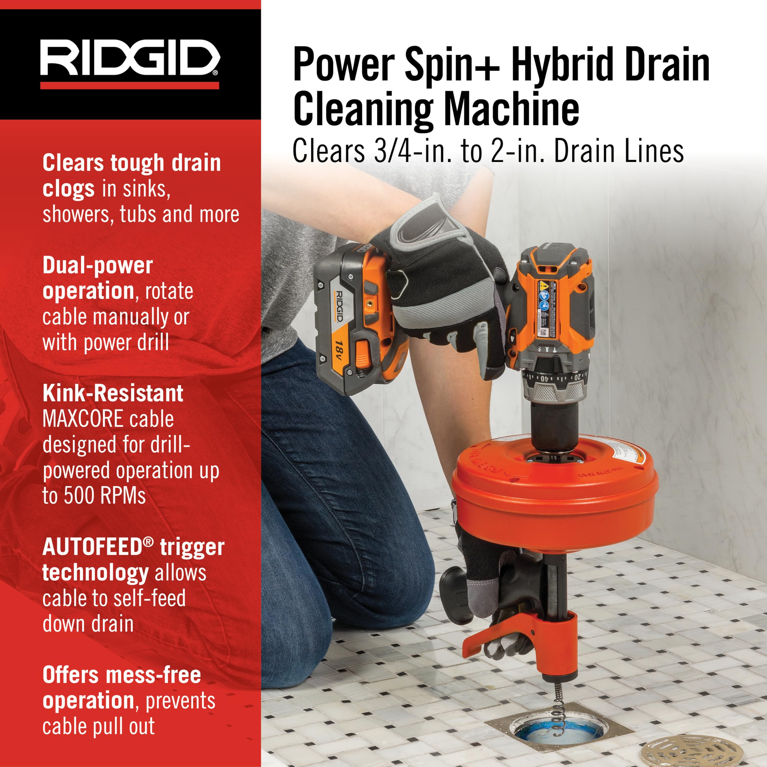 Foto 4 pulgar | Máquina Limpiadora De Desagües Ridgid 57043 Power Spin+ De 6 Mm X 7,6 M - Venta Internacional.