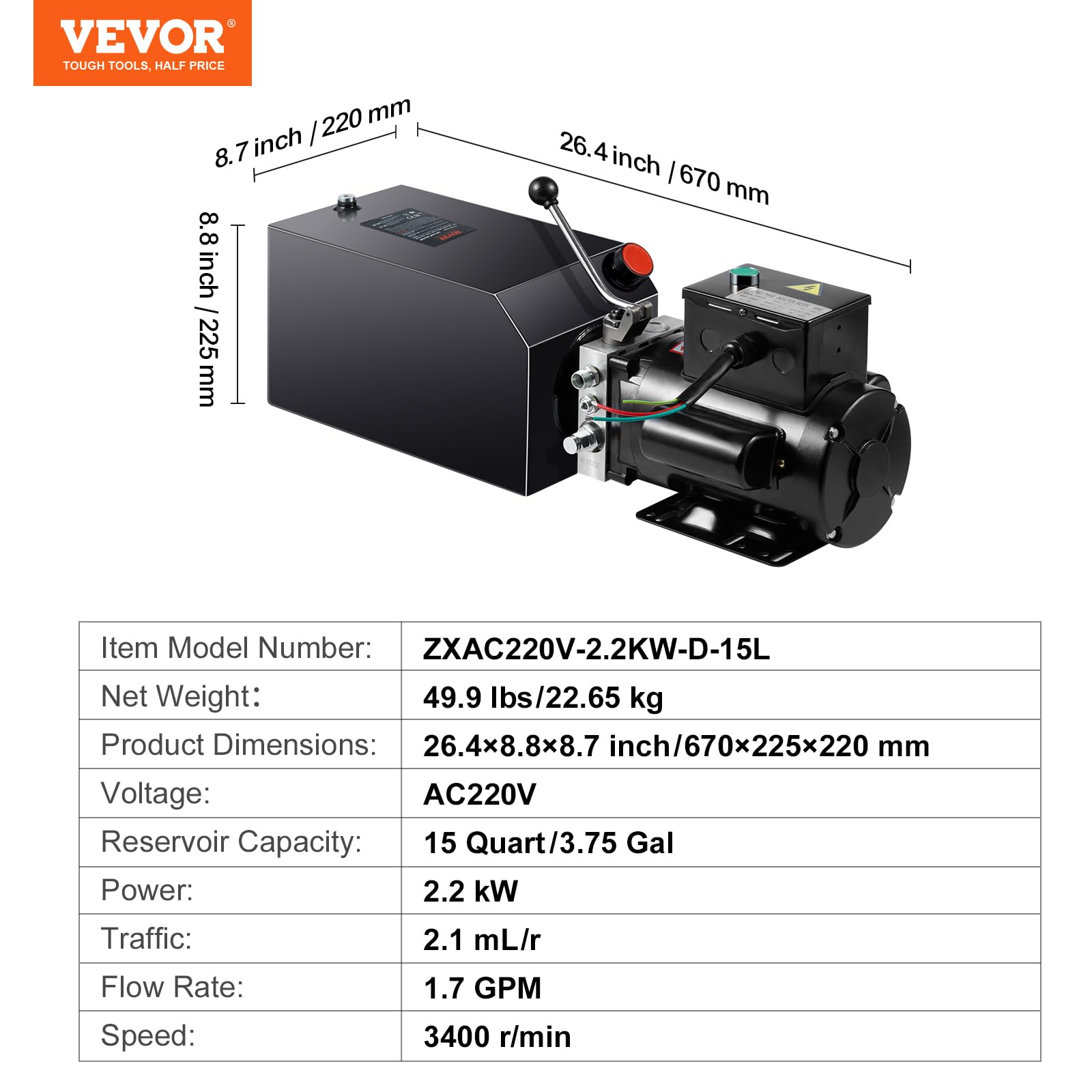 Foto 8 pulgar | Unidad De Potencia Hidráulica Vevor, Bomba De 15 Cuartos De Galón, 220 V, 3200 Psi - Venta Internacional.