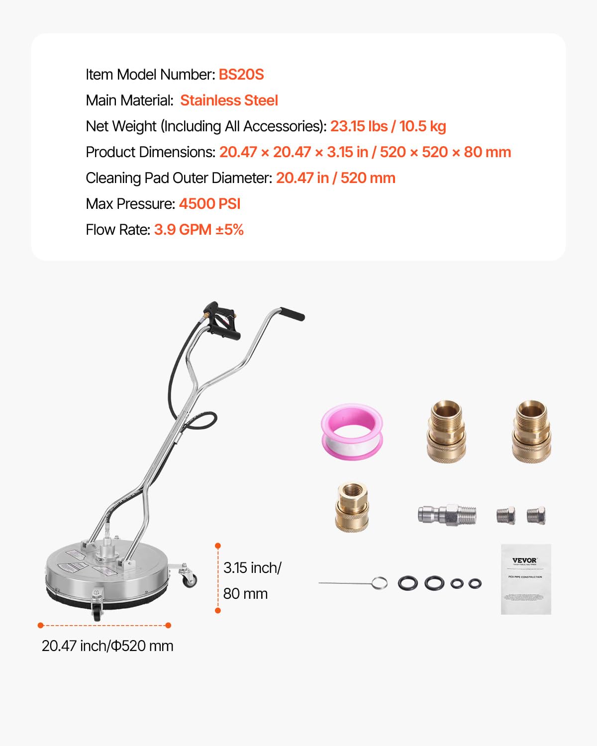 Foto 8 pulgar | Limpiador De Superficies Para Lavadora A Presión Vevor 20, 4500 Psi Como Máximo - Venta Internacional.