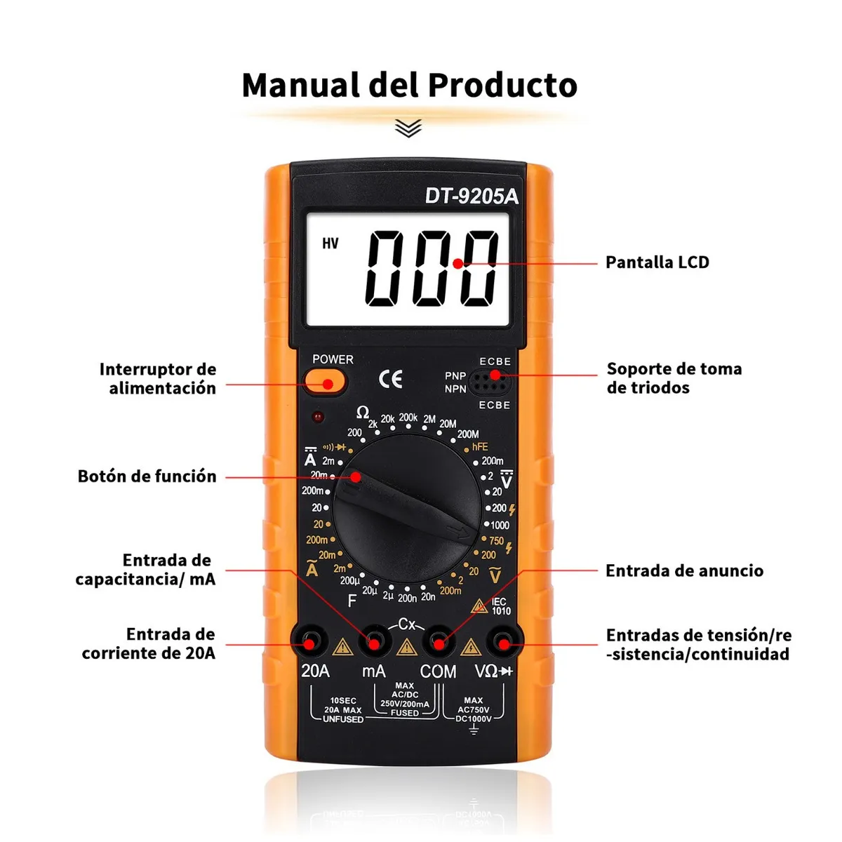 Foto 3 | Multimetro Profesional Digital Lcd Portátil Ac/dc Dt-9205a Eo Safe Imports Esi-4125 color Naranja