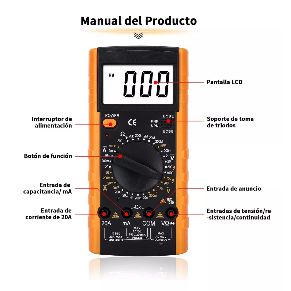 Foto 4 pulgar | Multimetro Profesional Digital LCD Portátil AC/DC Eo Safe Imports Esi-7004 color Naranja