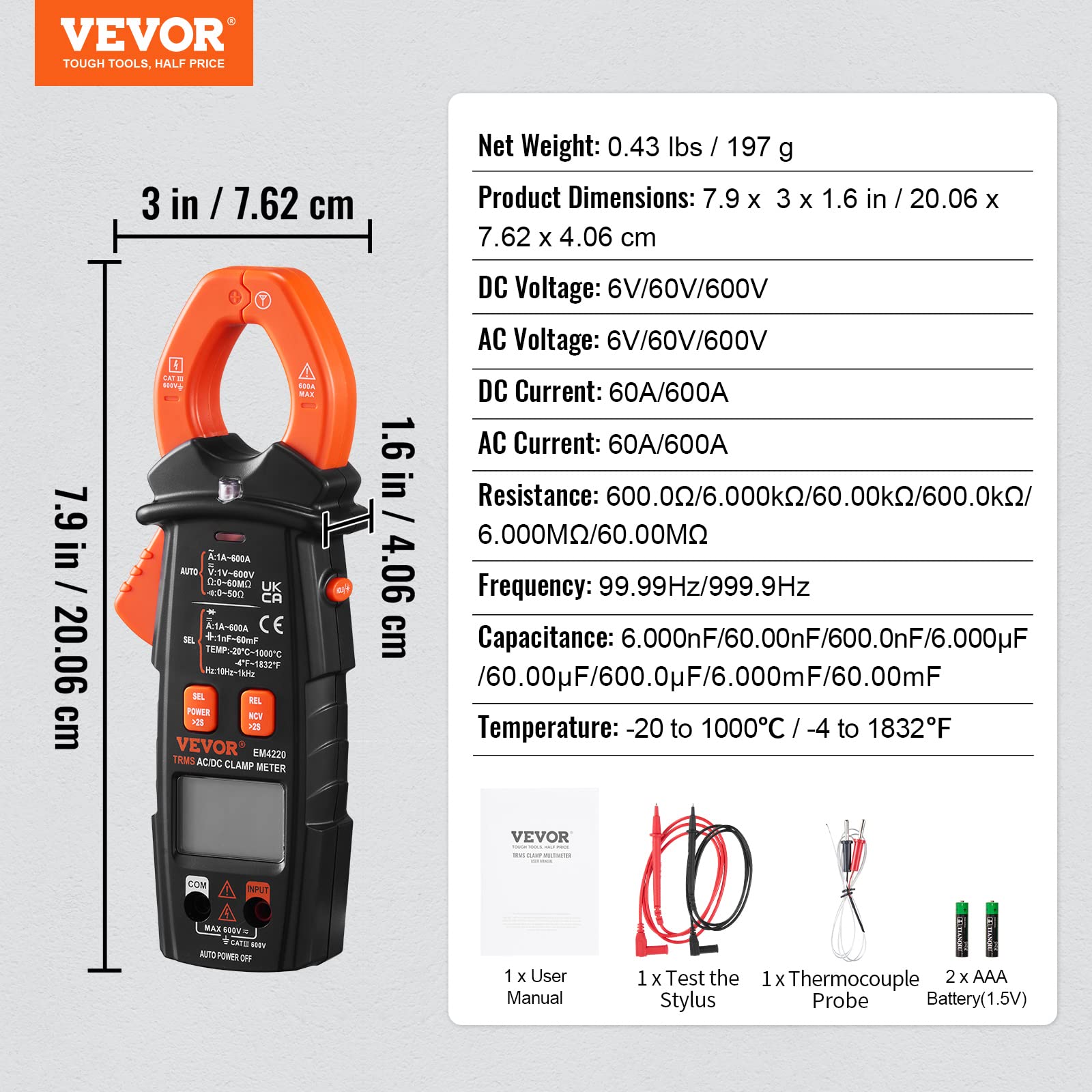 Foto 7 | Pinza Amperimétrica Vevor Digital T-rms 6000 Cuentas 600a - Venta Internacional.
