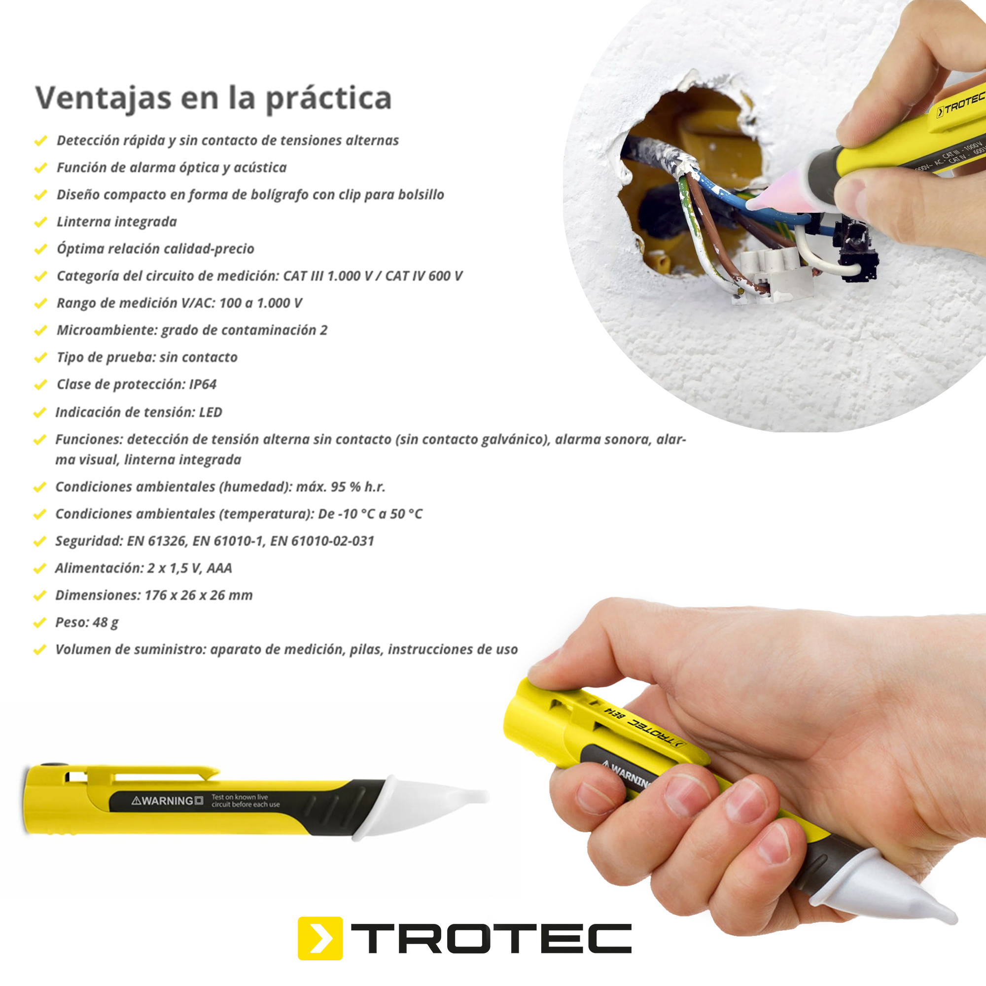 Foto 5 pulgar | Detector de Voltaje sin Contacto con Linterna 200-1000V, CAT III 1000V BE14 Trotec