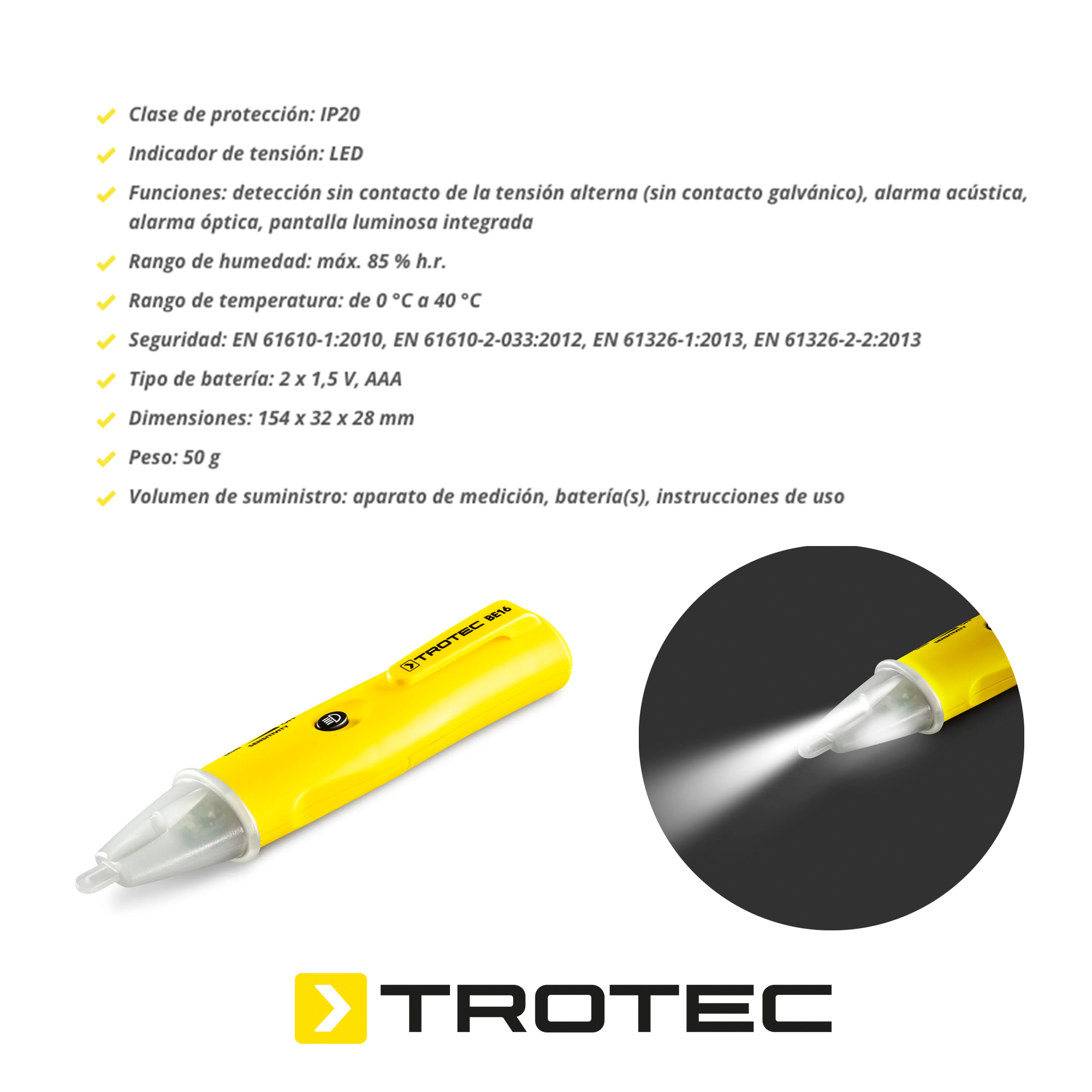 Foto 5 | Detector de Tensión Alterna con Alarma Óptica y Acústica 5V-1000V CA/50Hz-400Hz, CAT IV (1000V) BE16 Trotec