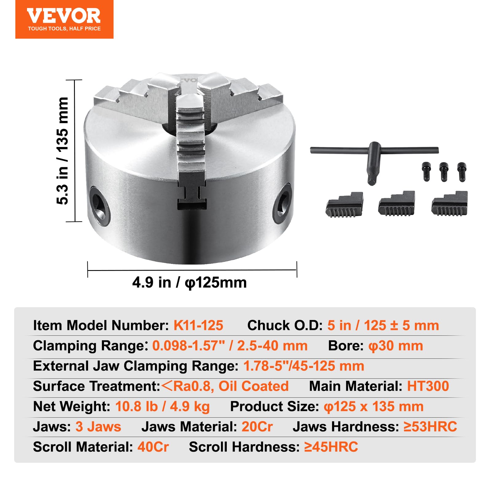 Foto 7 | Torno Vevor, 5 Pulgadas, Autocentrado, Rango De Sujeción De 2,5 A 125 Mm - Venta Internacional.
