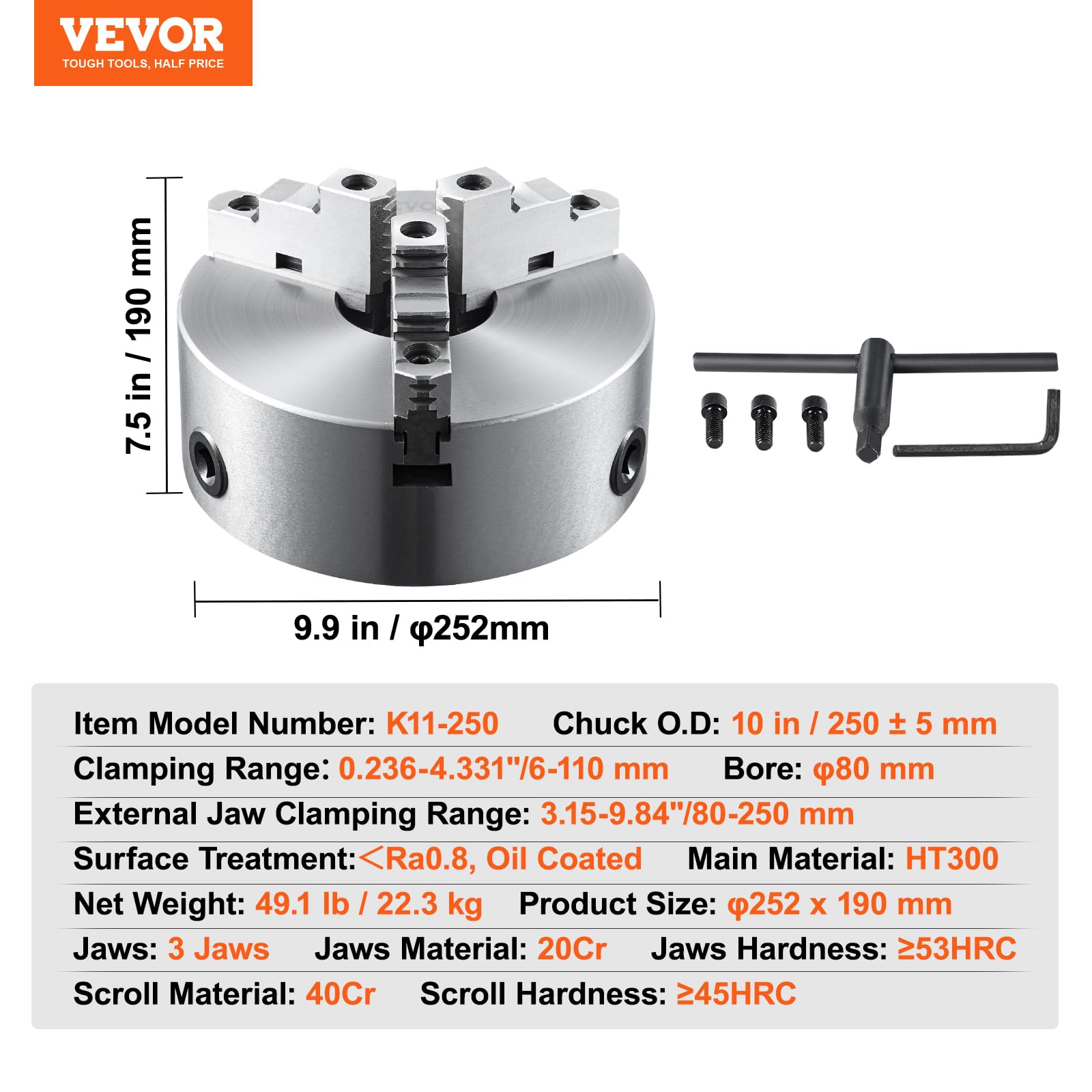 Foto 7 | Torno Chuck Vevor De 10 Pulgadas, Autocentrado, Rango De Sujeción De 6 A 250 Mm - Venta Internacional.