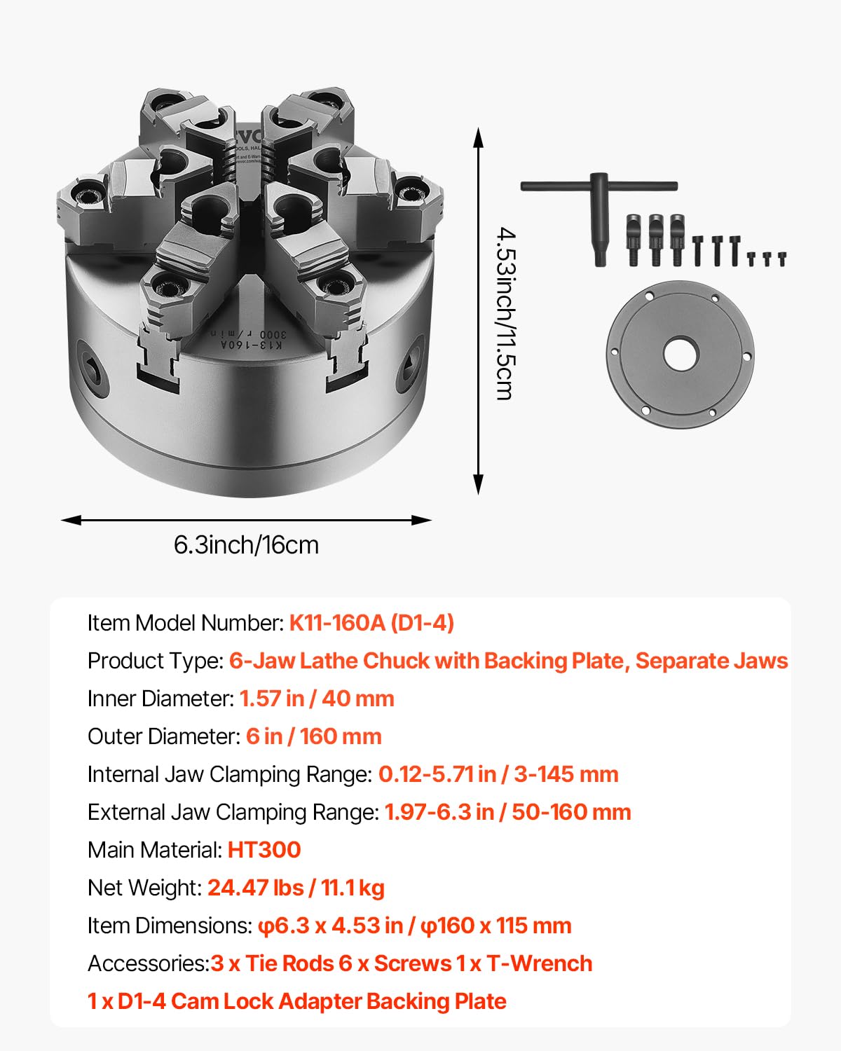 Foto 7 | Torno Vevor De 6 Mordazas, 160 Mm, Autocentrado Con Soporte D1-4 - Venta Internacional.