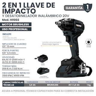 Foto 7 | Llave De Impacto Y Desatornillador Brushless 20 V Inalambrica