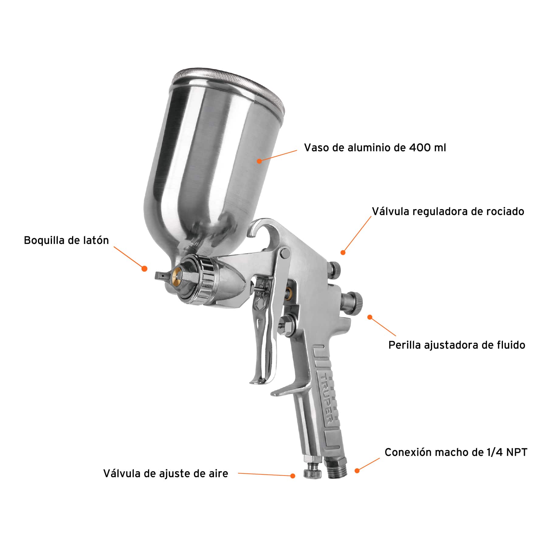 Foto 2 | Pistola de Gravedad para Pintar Serie 400 Aluminio Boquilla 2 mm Truper color Plateado
