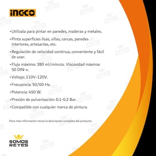 Foto 4 | Pistola Eléctrica para Pintar Ingco 110/120v 450w color Amarillo