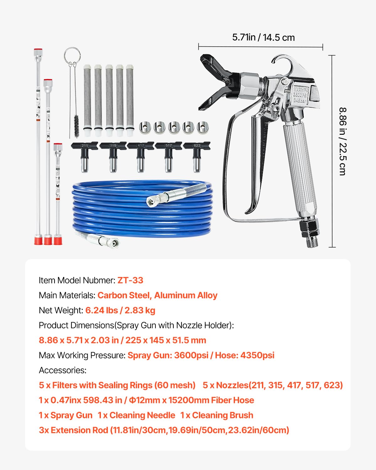 Foto 8 pulgar | Kit De Pistola Pulverizadora De Pintura Y Manguera Airless Vevor 3600 Psi Con 5 Puntas - Venta Internacional.