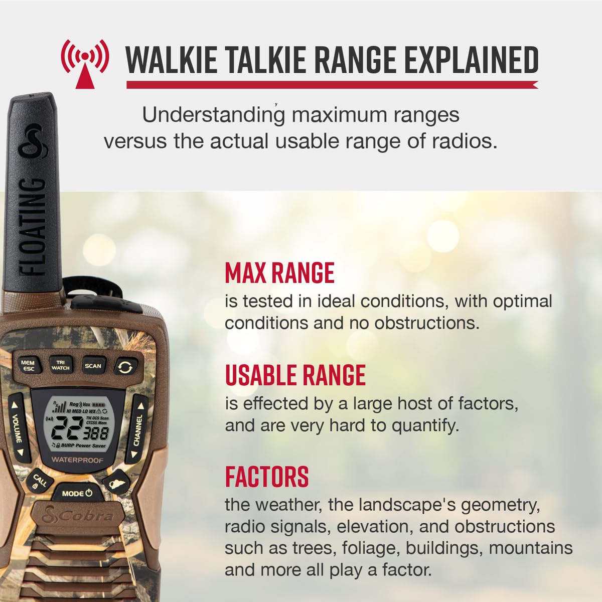Foto 2 | Walkie Talkies Cobra Acxt1035r Flt Camo, Resistentes Al Agua, 37 Millas - Venta Internacional.
