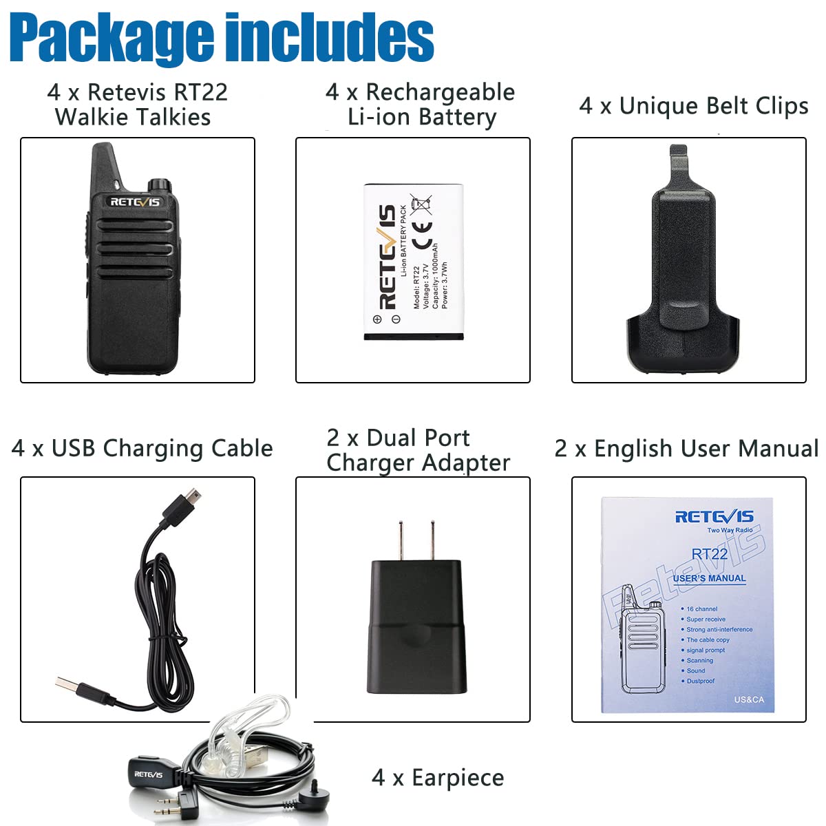 Foto 7 pulgar | Walkie Talkies Retevis Rt22 Recargables De Largo Alcance (paquete De 4) - Venta Internacional.