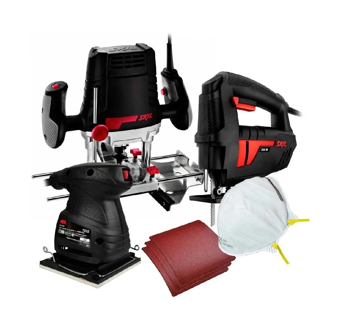 Kit de Lijadora de Palma 7232 más Router 1.75 HP más Sierra Caladora de 380W Skil