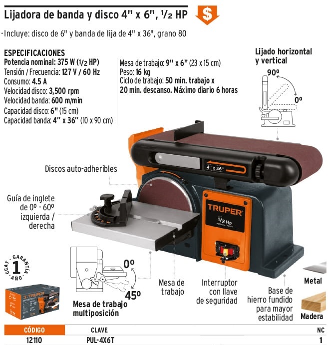 Foto 3 pulgar | Lijadora de Banda y Disco Truper PUL-4X6T 4'' X 6'' Horizontal y Vertical 1/2 Hp 120v 12110