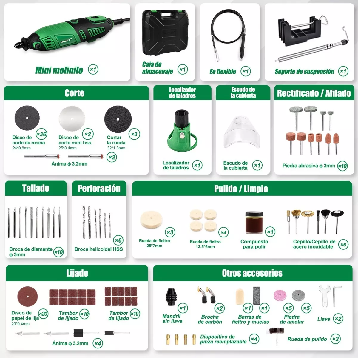 Foto 4 pulgar | Rectificadora Mototool Accesorios Mini Taladro Eo Safe Imports Esi-4932 color Verde