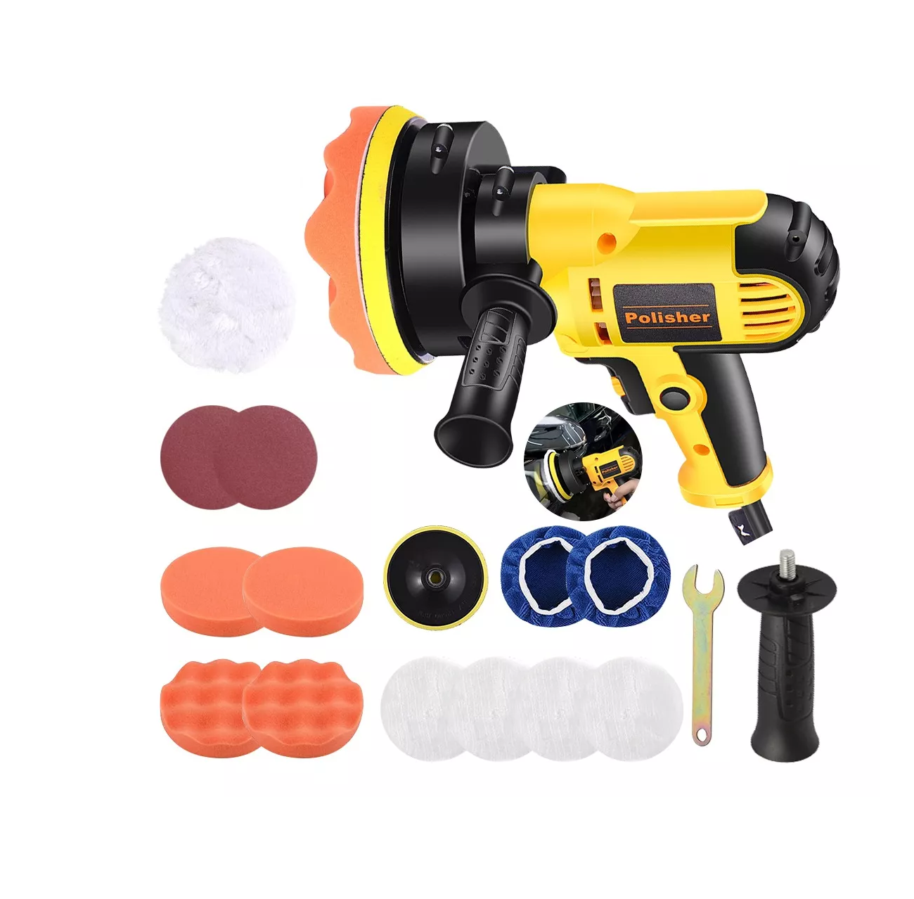 Kit Pulidora Eléctrica Polisher color Amarillo para Coche 700W 110V 16 Piezas