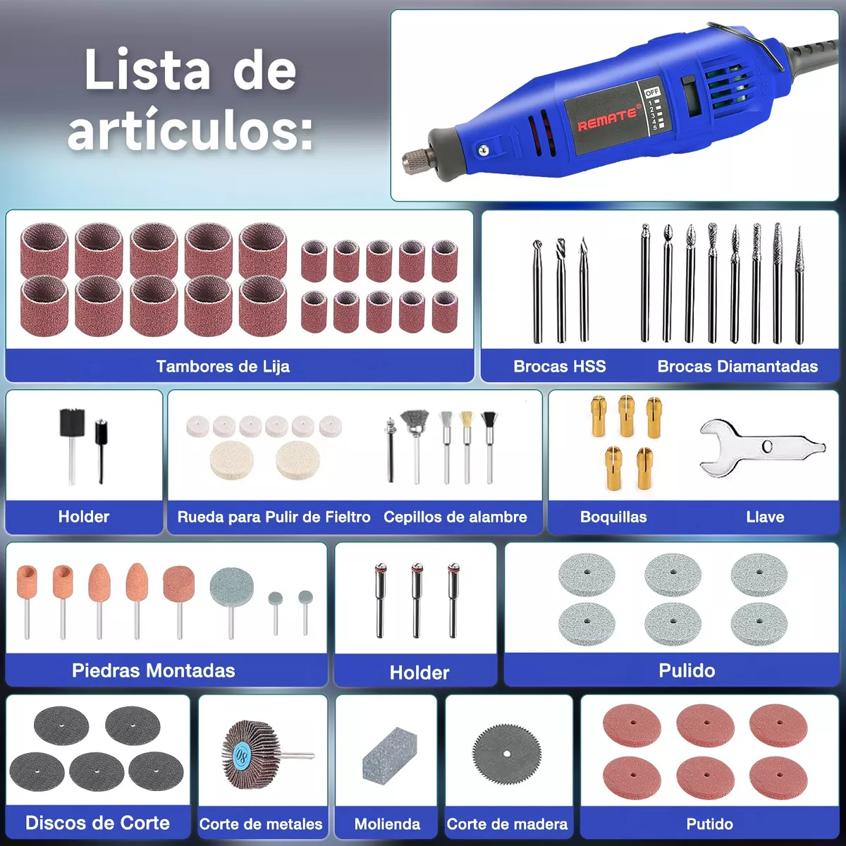 Foto 4 pulgar | Minitaladro Esmeril 135w con Accesorios Eo Safe Imports ESI-17228 Azul