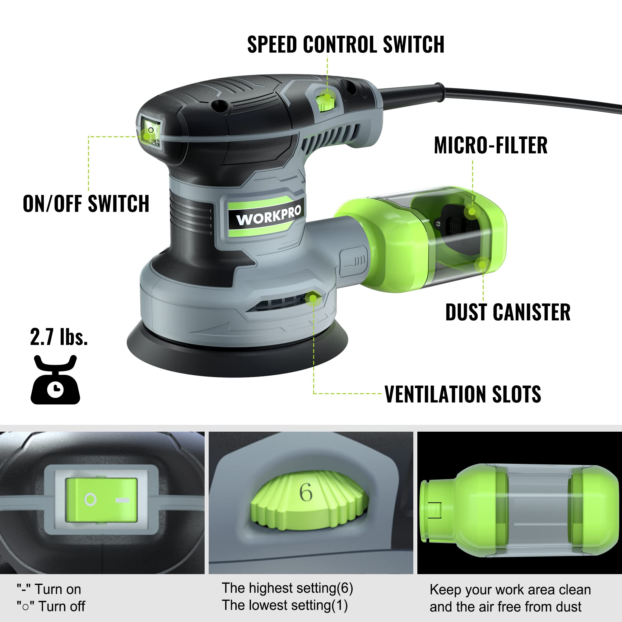 Foto 2 | Lijadora Random Orbit Workpro De 5 Pulgadas Y 6 Velocidades Variables, 2,5 A - Venta Internacional.