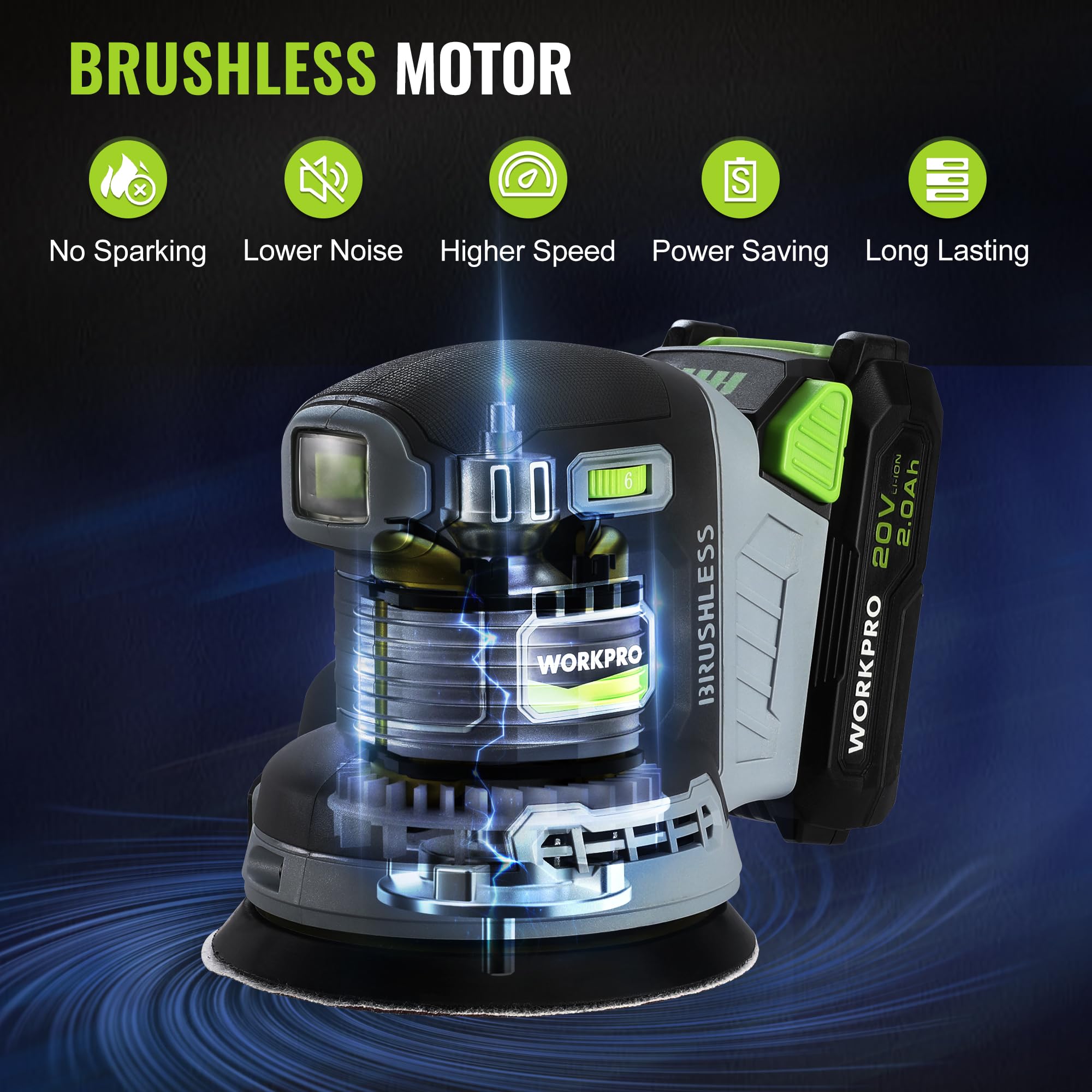 Foto 2 | Lijadora Orbital Aleatoria Inalámbrica Workpro sin Escobillas 20 V 5 Pulgadas - Venta Internacional