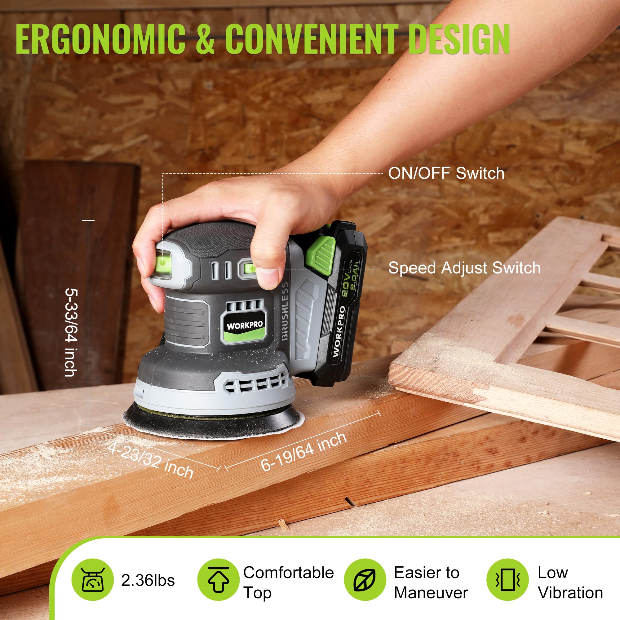 Foto 8 pulgar | Lijadora Orbital Aleatoria Inalámbrica Workpro sin Escobillas 20 V 5 Pulgadas - Venta Internacional