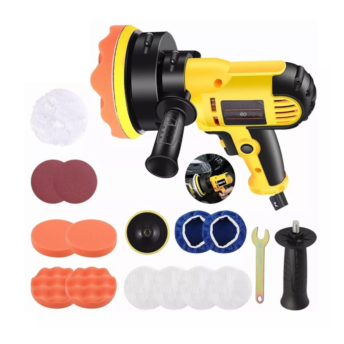 Juego Pulidora Eléctrica Para Coche 16 Pzas Eo Safe Imports Esi-7126-1 Amarillo
