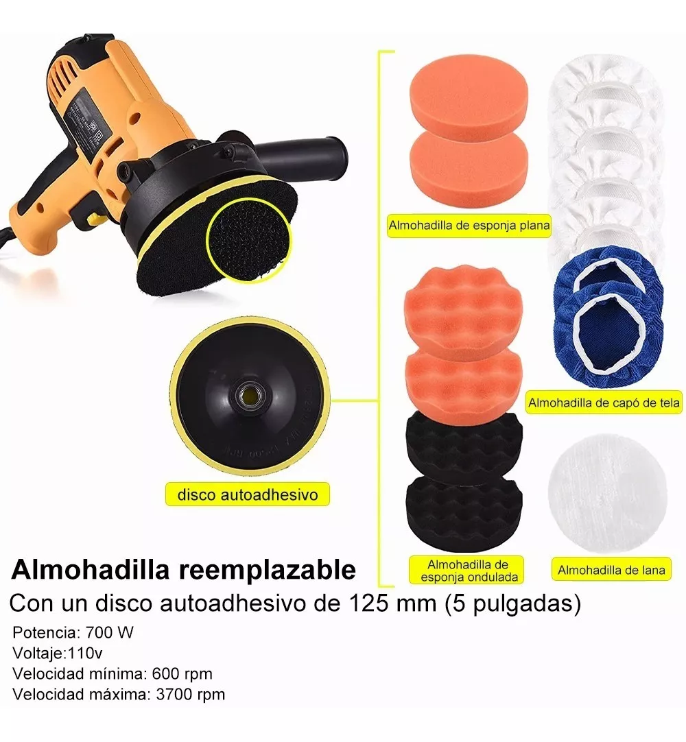 Foto 5 | Kit Pulidora Eléctrica Para Coche Lab.g 700w 110v 16 Piezas Amarillo