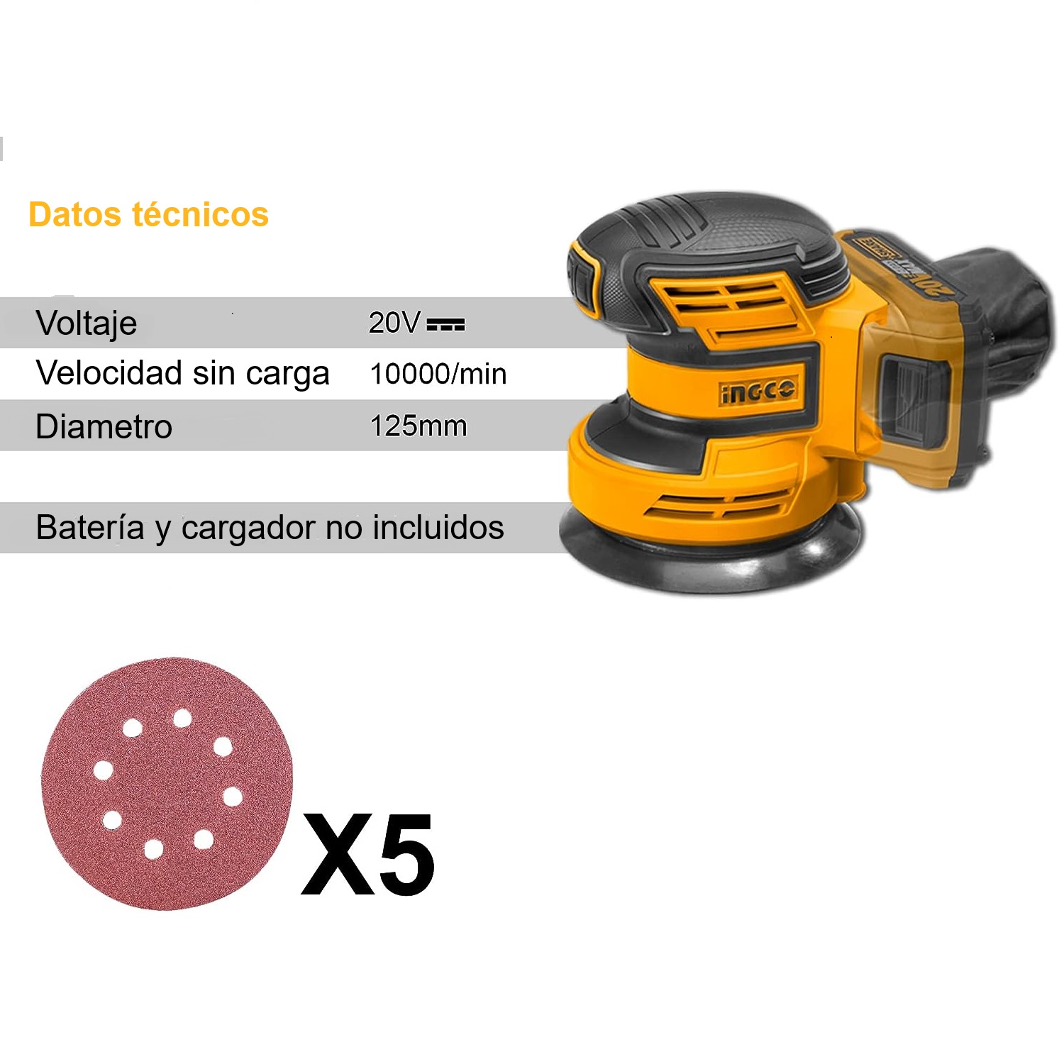 Foto 5 | Lijadora Orbital Inalámbrica 20v 10000rpm Ingco Crosli2001