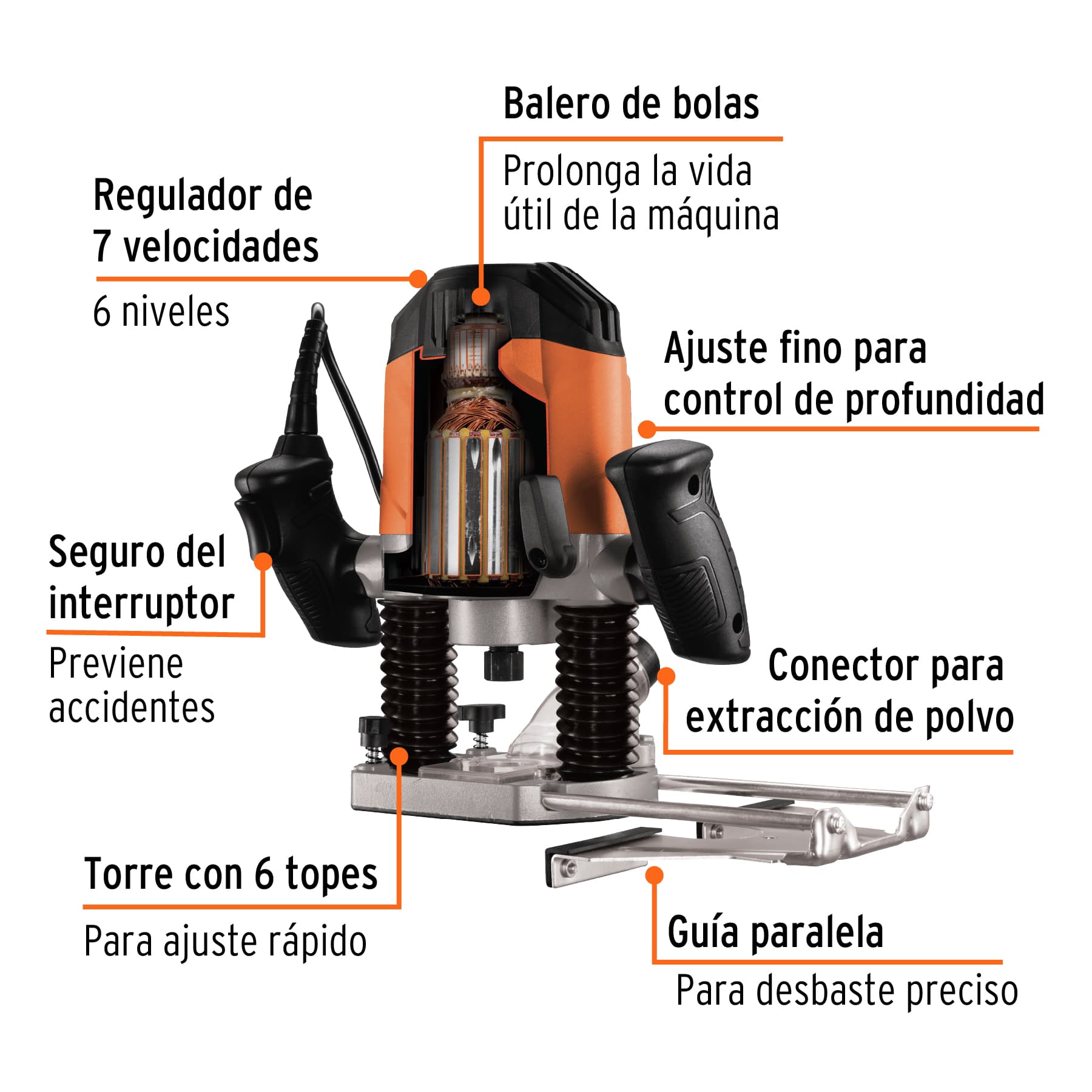 Foto 3 pulgar | Router Rebajadora Profesional Para Madera Truper Naranja 1200 W 1-3/4 Hp 9a 100954